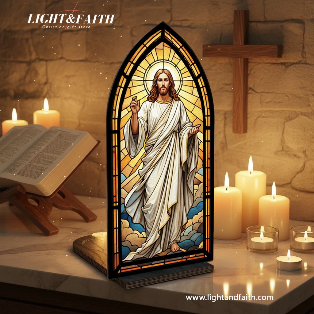 Christian Jesus Resurrection Book Nook Decor, Stained Glass Window Style LED Light, Religious Home Altar Decoration, Easter Faith Gift for Believers BNLAF15